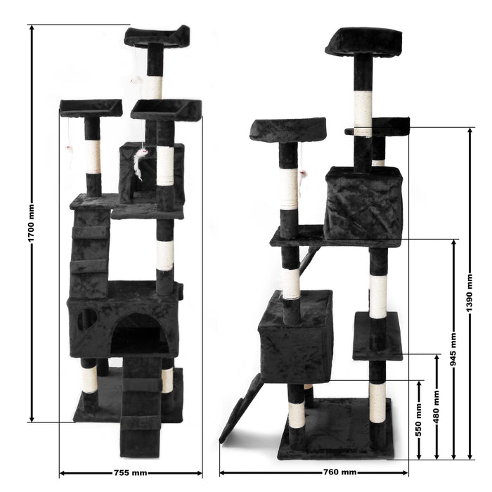 Albero tiragraffi nero 170 cm con piattaforme, cuccette e scale
