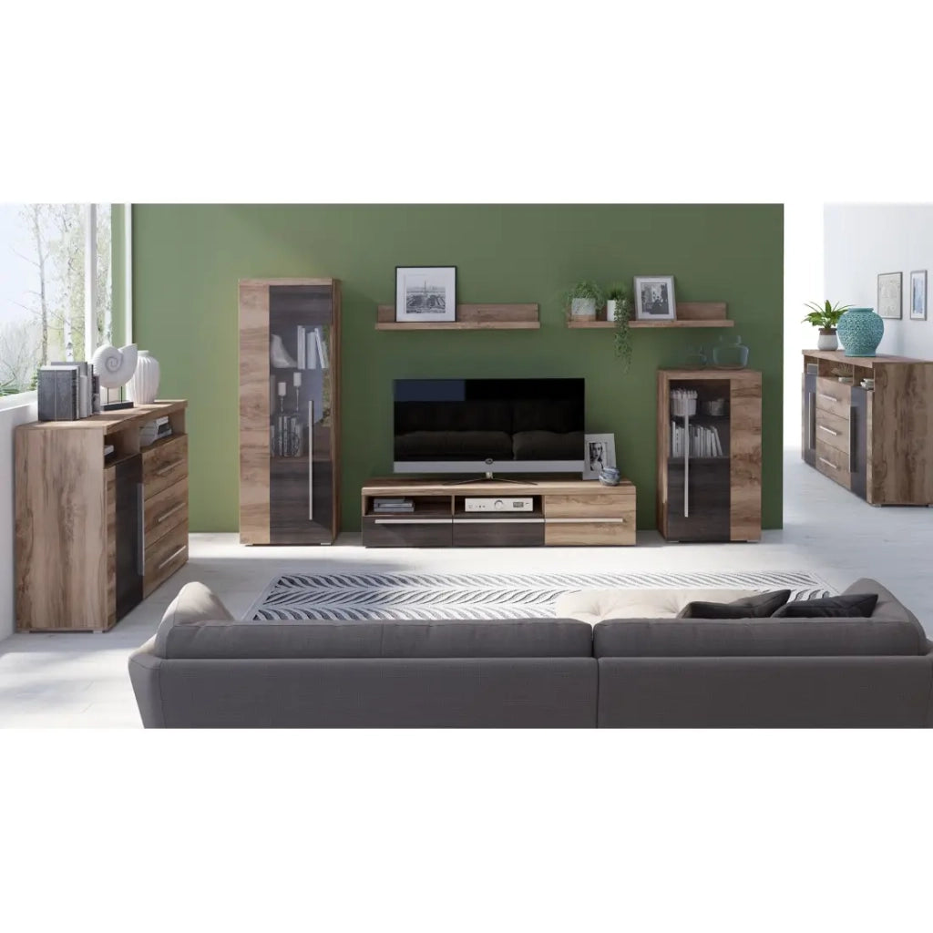 Composizione murale BRAZZA – Vetrine, mobile TV 160 cm e 2 mensole – Finitura noce satinato