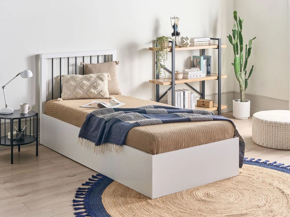 Letto singolo contenitore in legno bianco con doghe in legno 90 x 200 cm cameretta camera degli ospiti