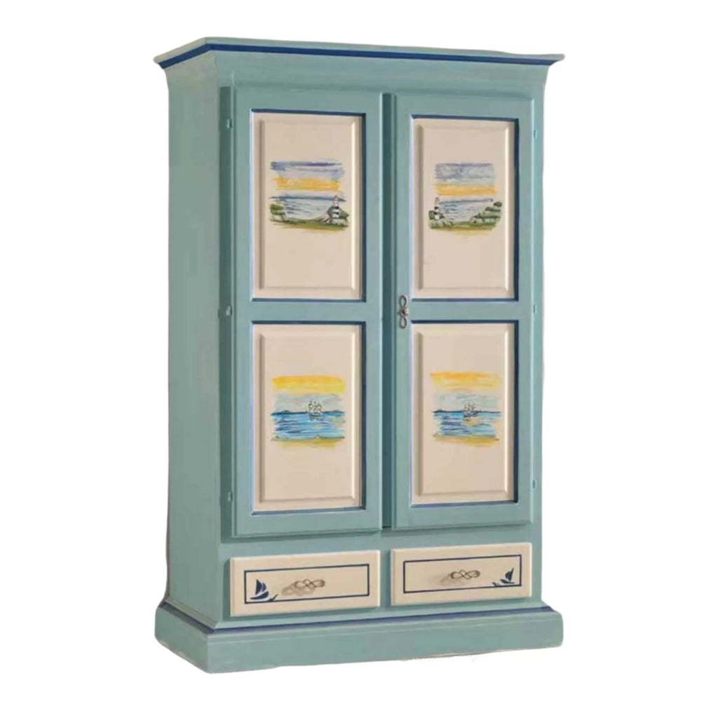 Armadio 2 ante shabby in legno cerato azzurro con decori 125x61x200 - Mobili 2G