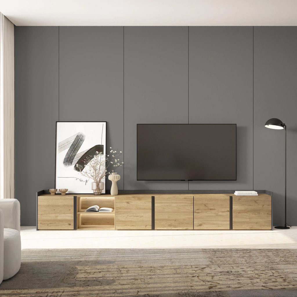 Mobile TV Soggiorno, 309x50x35 cm, Per TV fino a 80", LED, Rovere e nero
