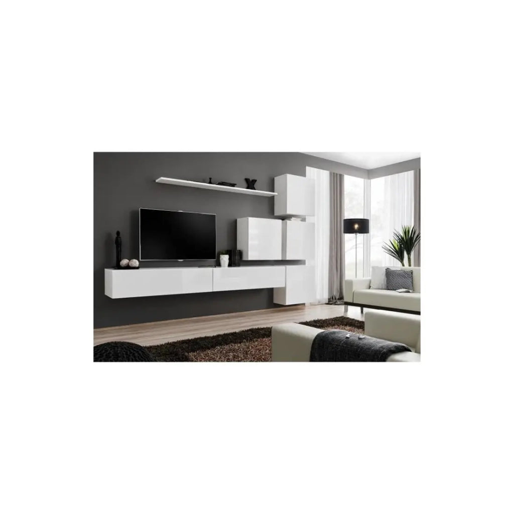 Set di mobili da salotto murali SWITCH IX design, colore bianco lucido.