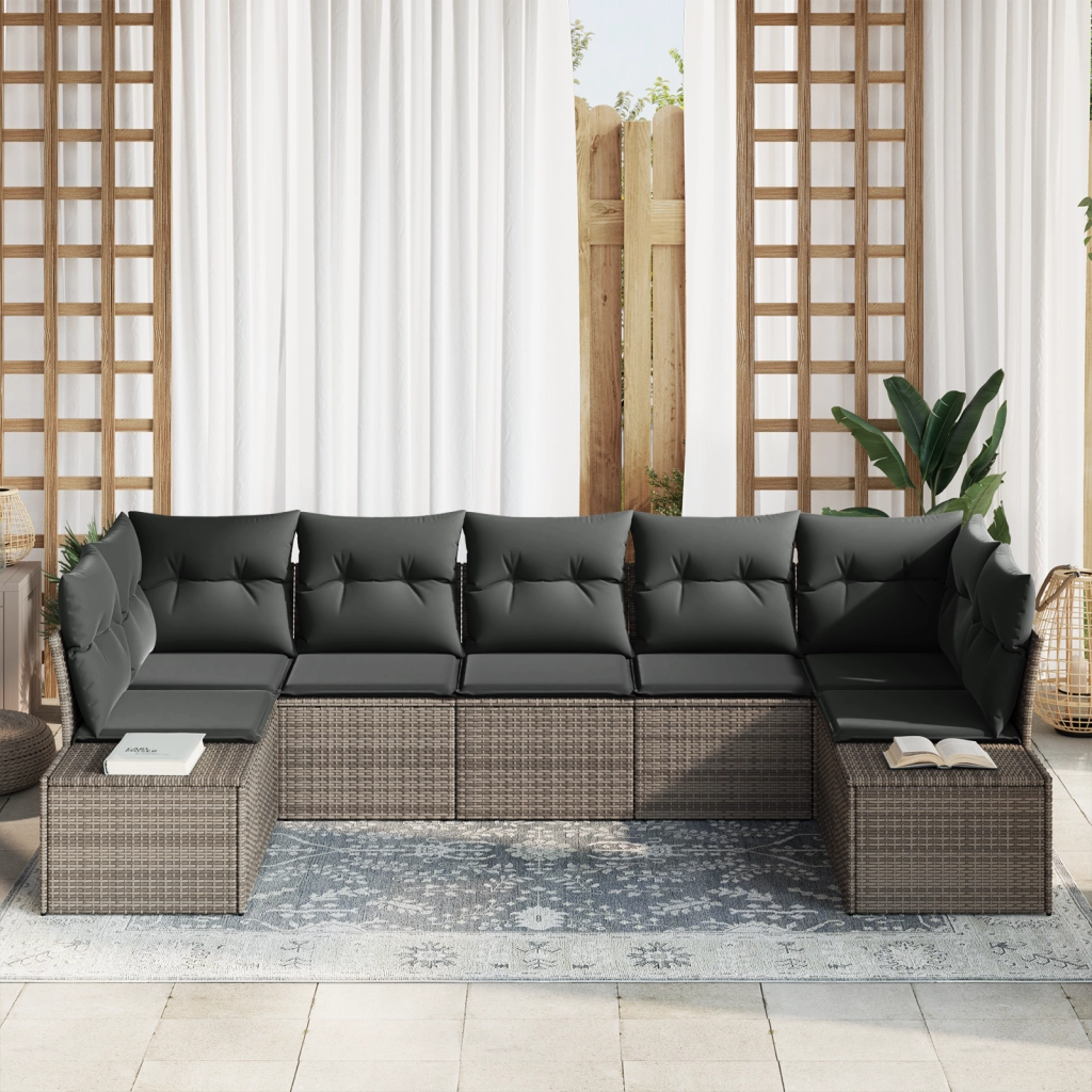 Set da giardino a 7 pezzi con cuscini grigio polyrattan