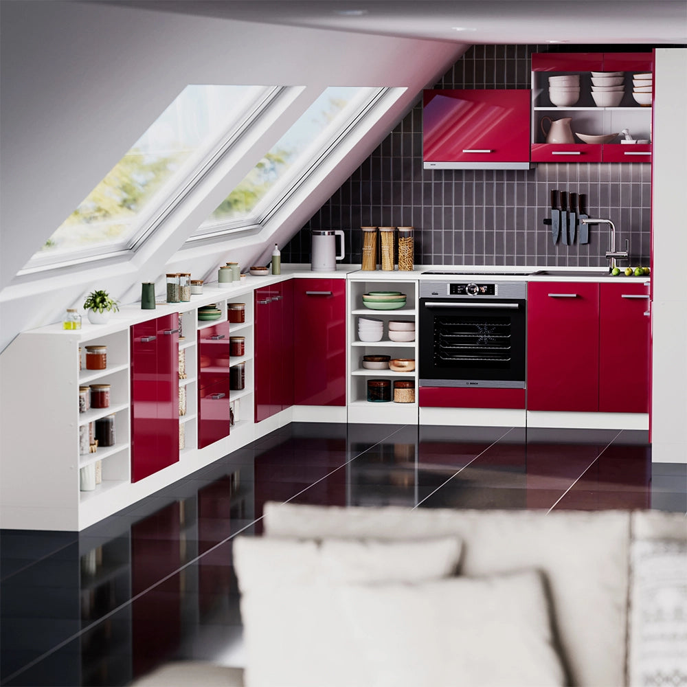 Mobile cucina sottotetto R-Line Rosso lucido/Bianco 60 cm con 2 porte, carcassa 60 cm profondità Vicco