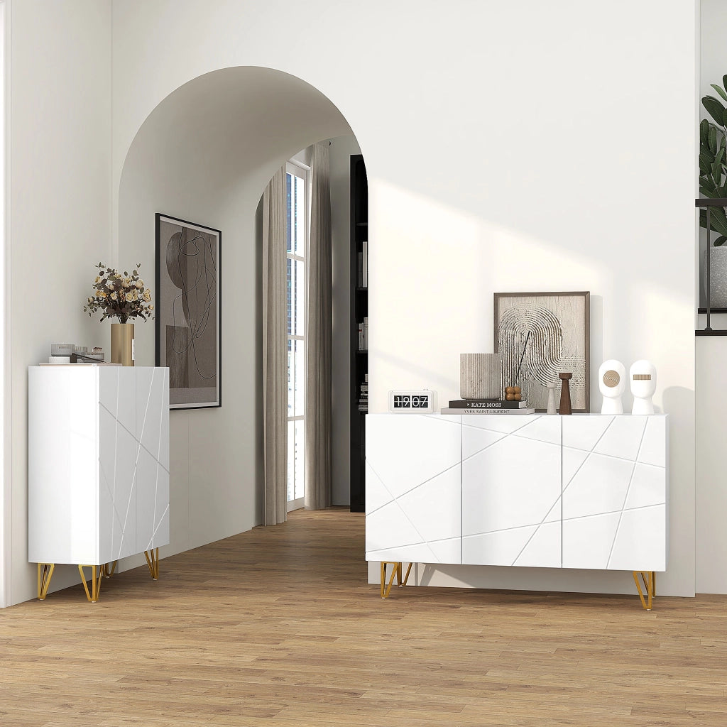 Mobile Contenitore 120x40x75 cm con 2 Armadietti e Ripiano Regolabile in Truciolato e Metallo Bianco e Oro