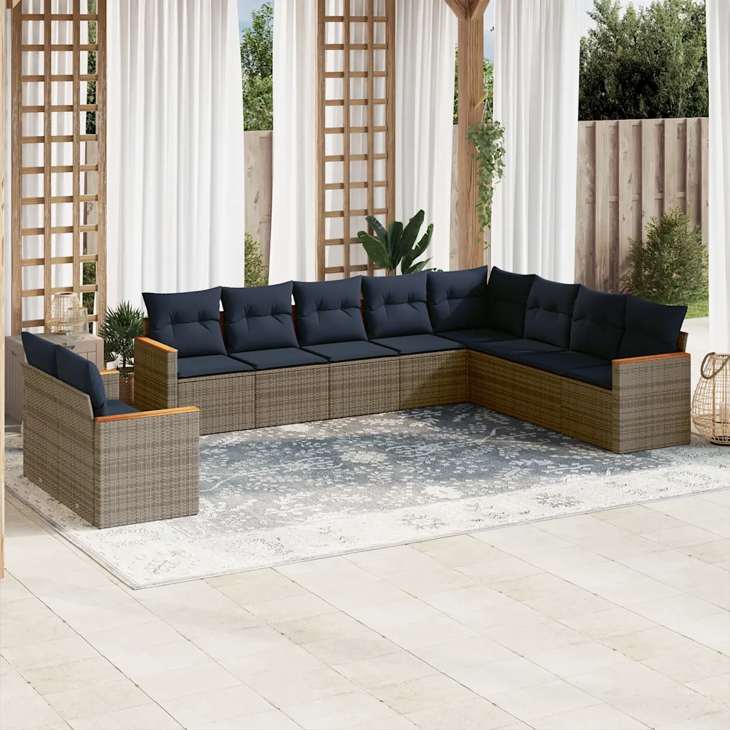 Set Divani da Giardino 10 pz con Cuscini Grigio in Polyrattan 3226117