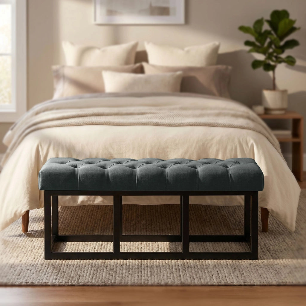Panca design AMUN in metallo nero opaco e tessuto grigio scuro,120 cm