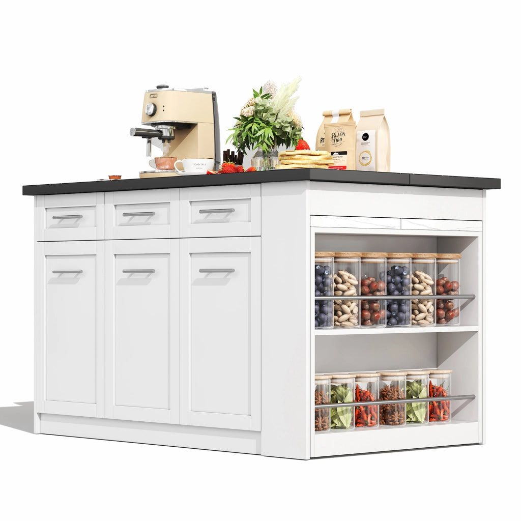 Isola da Cucina 150/246x90x90 cm con Tavolo Estraibile 96 cm; Piano Effetto Marmo; 6 Cassetti e Ripiani