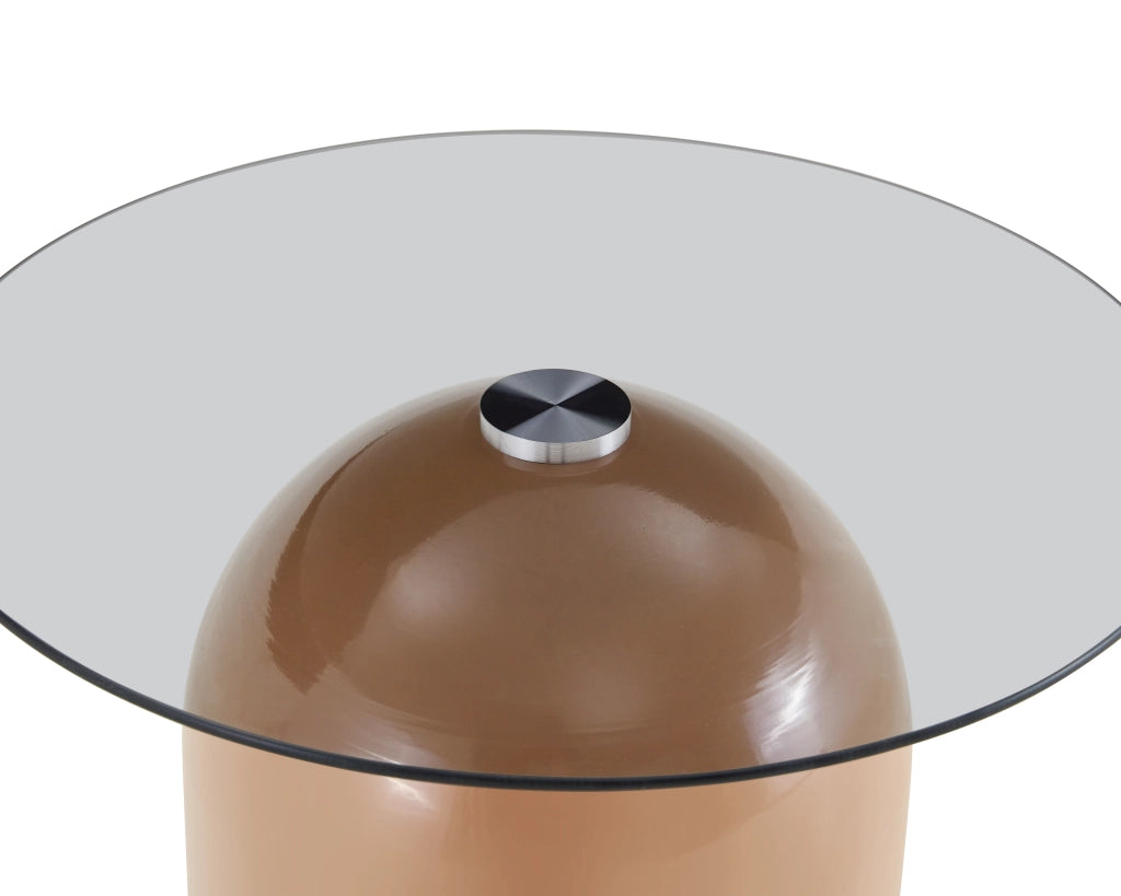 Tavolini bassi impilabili con 2 piani rotondi in vetro temperato e base in metallo laccato lucido; verde e caffè chiaro