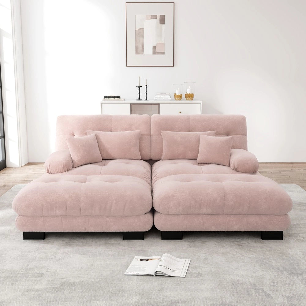 Divano angolare con poggiapiedi ¨C Minimal ¨C rosa chenille imbottito con braccioli e cuscini