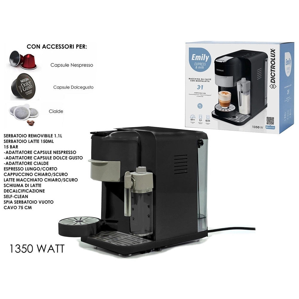 Trade Shop - Macchina Da Caffè Con Montalatte 3 In 1 1350w Multifunzione Adattatori Per Capsule Cialde -