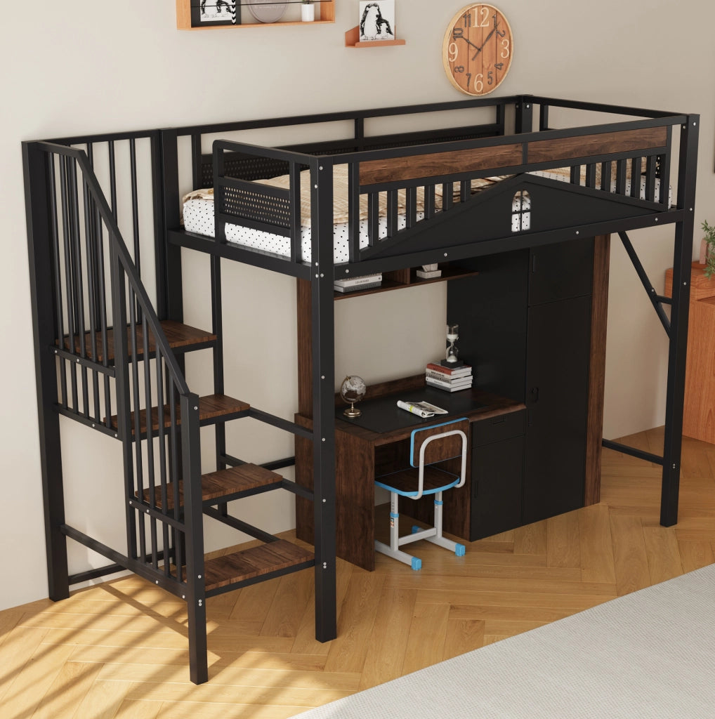 Letto a soppalco 90x200 cm con scala di sicurezza e vani portaoggetti in metallo nero