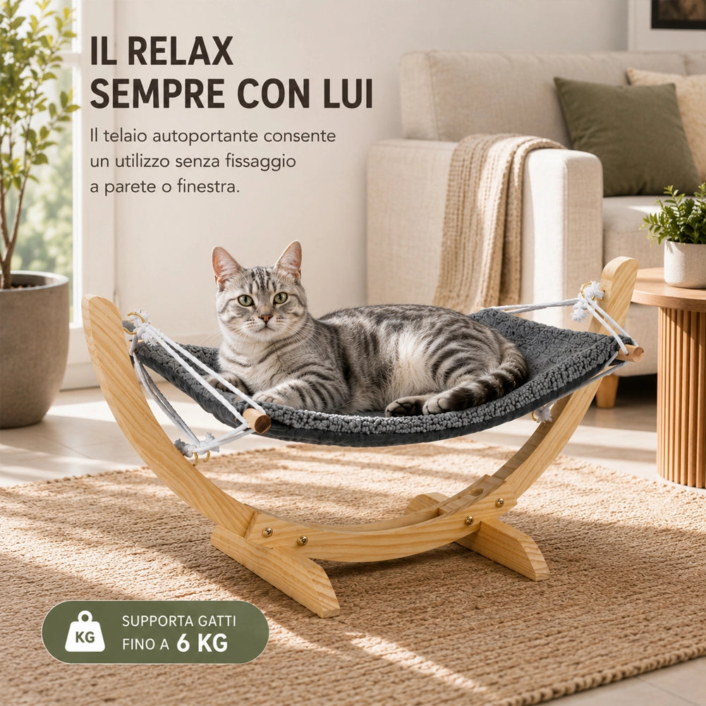 Cuccia Amaca per Gatti 72x35x10 cm Portata Max 6 kg Struttura in Legno Cuscino Grigio