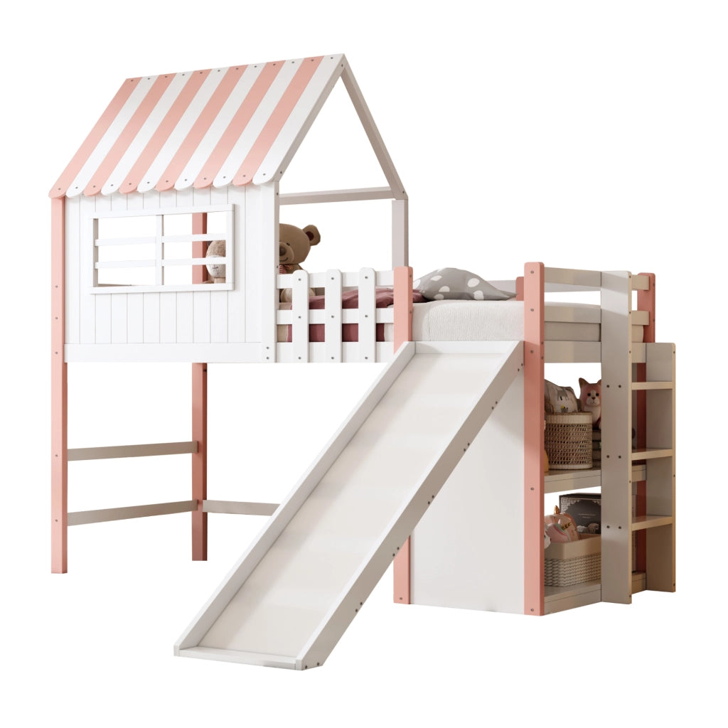 Letto a soppalco 90x200 cm con scivolo e scala in legno e MDF rosa