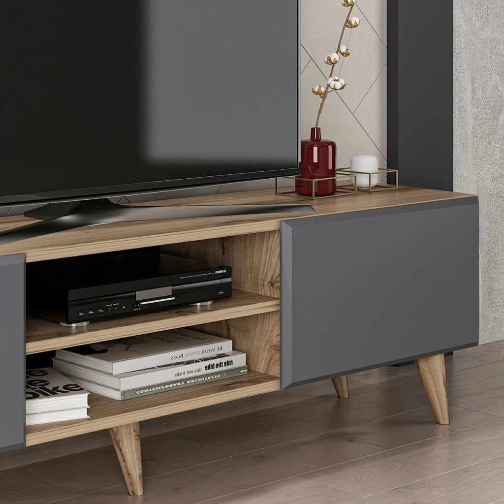 Mobile Basso Porta TV 'Grindsted' con Scomparti e Ante a Ribalta - Rovere / Antracite [en.casa]