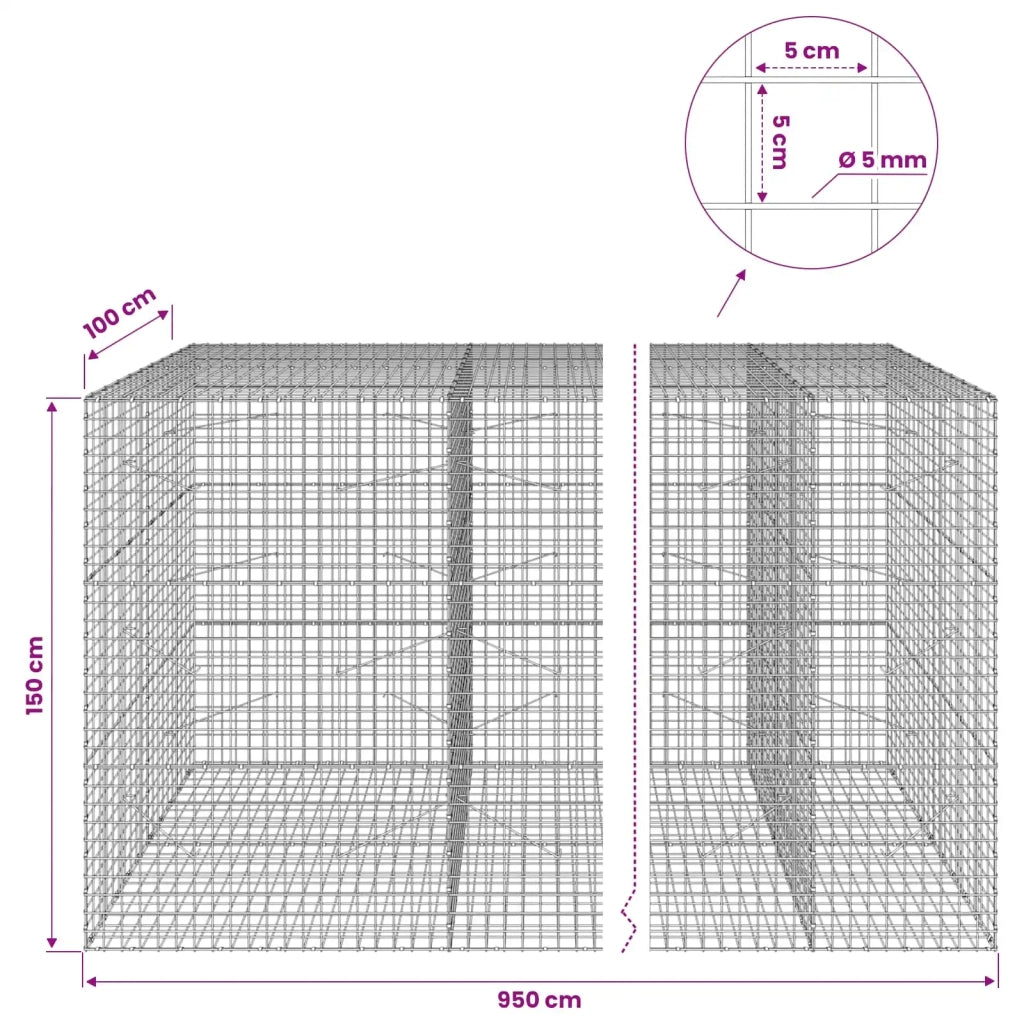 Gabione con filo da 5 mm e rete da 5x5 cm 950x100x150 cm 3464389