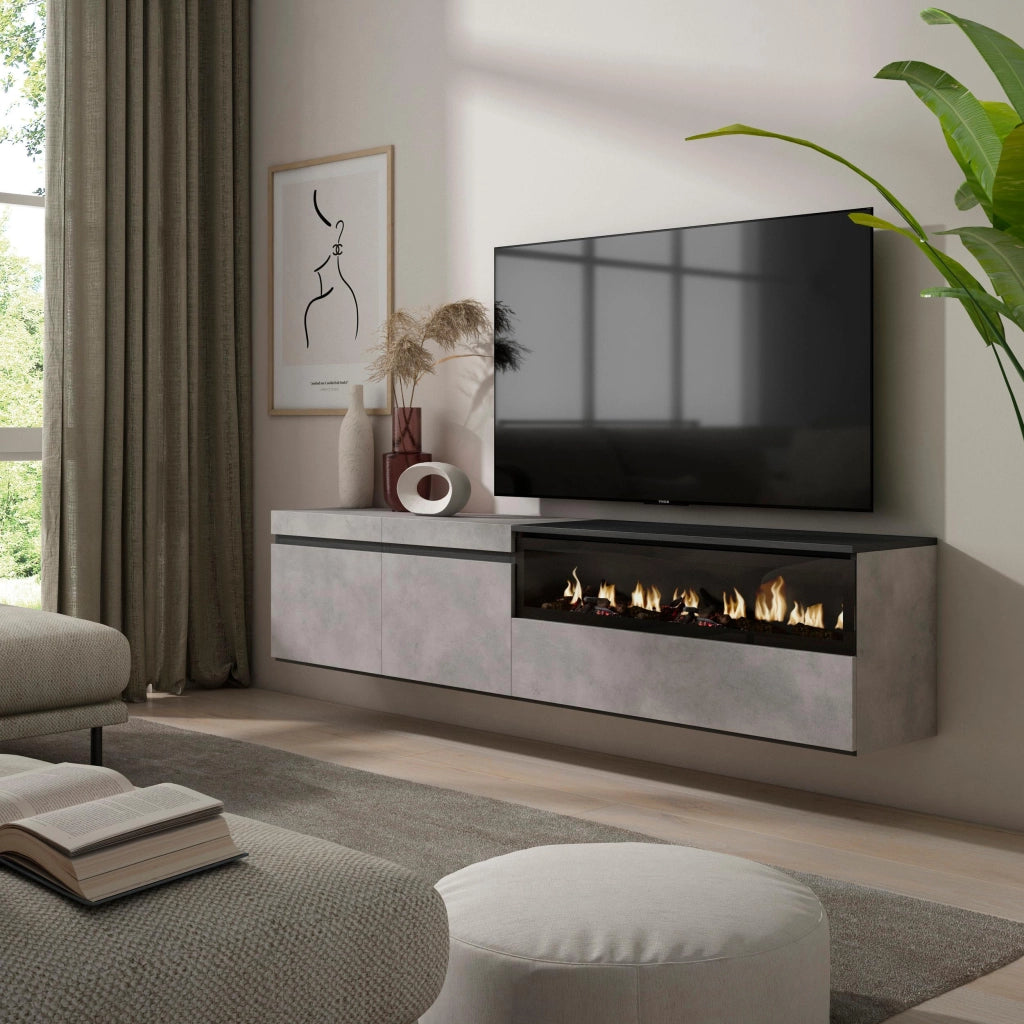 Mobile TV, 200x35x45cm, soggiorno, Per TV fino a 80", Camino elettrico, da appendere, grigio cemento RF2231