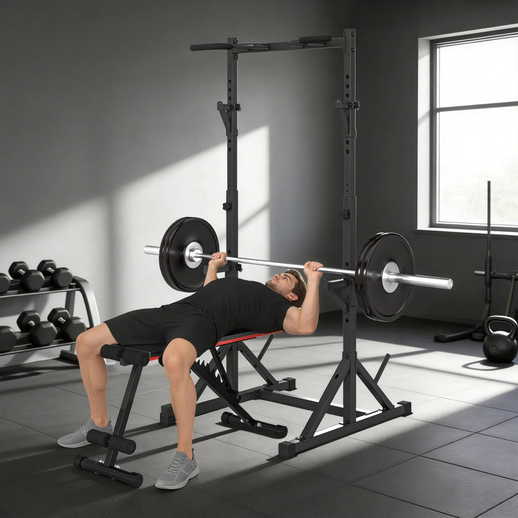 Squat Rack Regolabile con Doppio Supporto, Portadischi e Barra Trazioni, in Acciaio, 112-100x201-217 cm, Nero