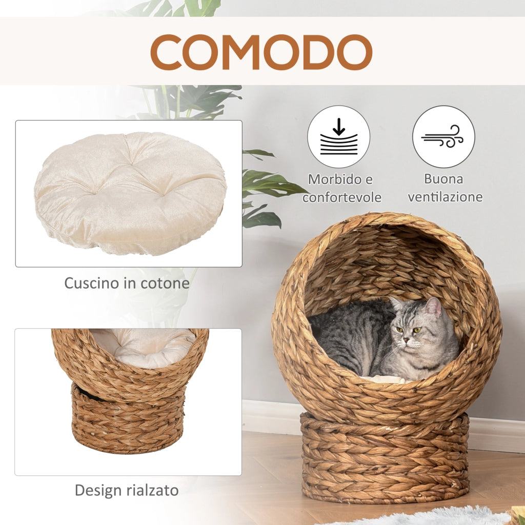 EasyComfort Cuccia Rialzata per Gatti in Vimini, con Cuscino in Cotone, Marrone e Bianco, 40x37x51 cm