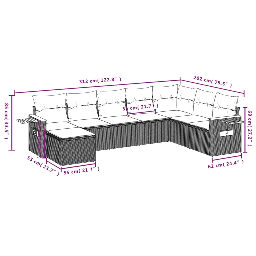 Set Divano da Giardino 8 pz con Cuscini Beige in Polyrattan