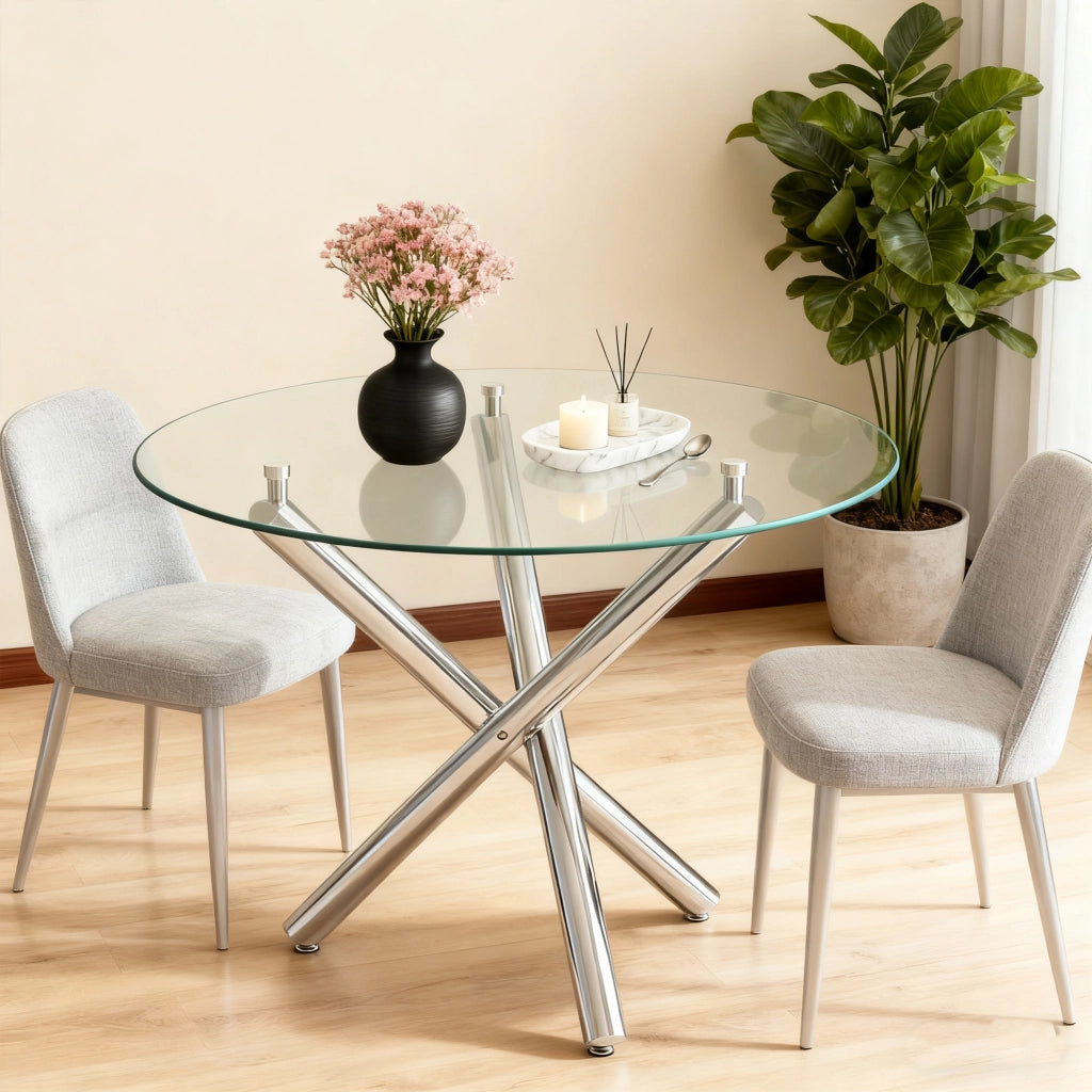 Tavolo da pranzo rotondo con piano in vetro temperato e gambe in metallo, per 2-4 persone, argento, 80 × 80 × 76 cm