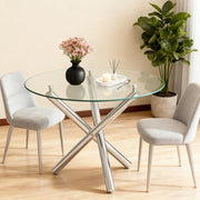 Tavolo da pranzo rotondo con piano in vetro temperato e gambe in metallo, per 2-4 persone, argento, 80 × 80 × 76 cm
