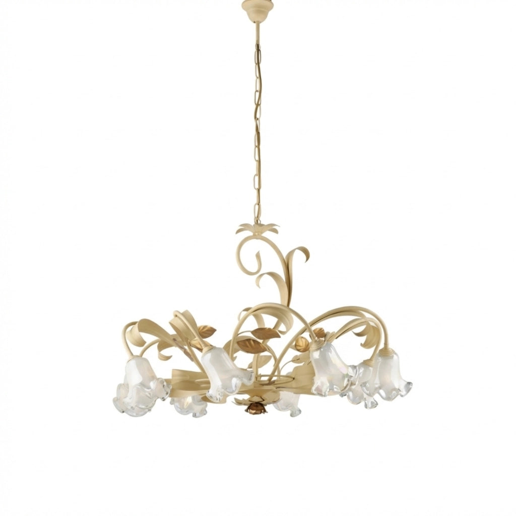 Lampadario Arte Povera Cesto Metallo Avorio E Oro 8 Luci E14