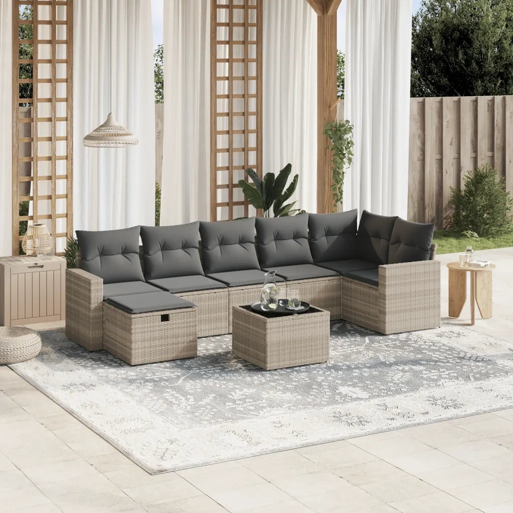 Set Divano da Giardino 8pz con Cuscini Grigio Chiaro Polyrattan