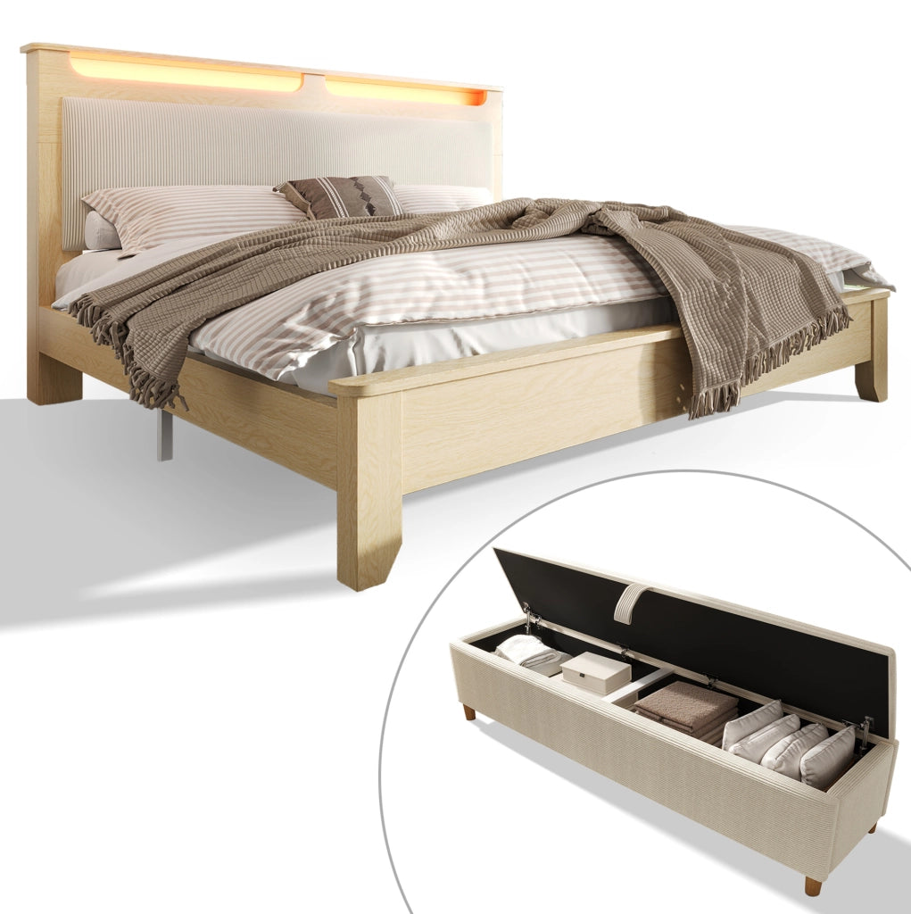 Letto 140x200 cm con contenitore e LED in legno e corduroy beige