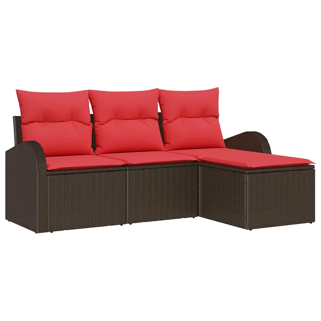 Set di divani con cuscino 4 pz | Set Salotto da Giardino Marrone e Rosso polyrattan