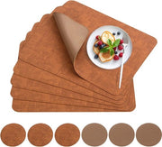 Set di tovaglie per tavola in pelle lavabile e sottostanti, set di 6 tovaglie lavabili a doppia faccia in pelle a look di pelle, PVC, impermeabile per cucina, 41 x 31 cm (marrone)