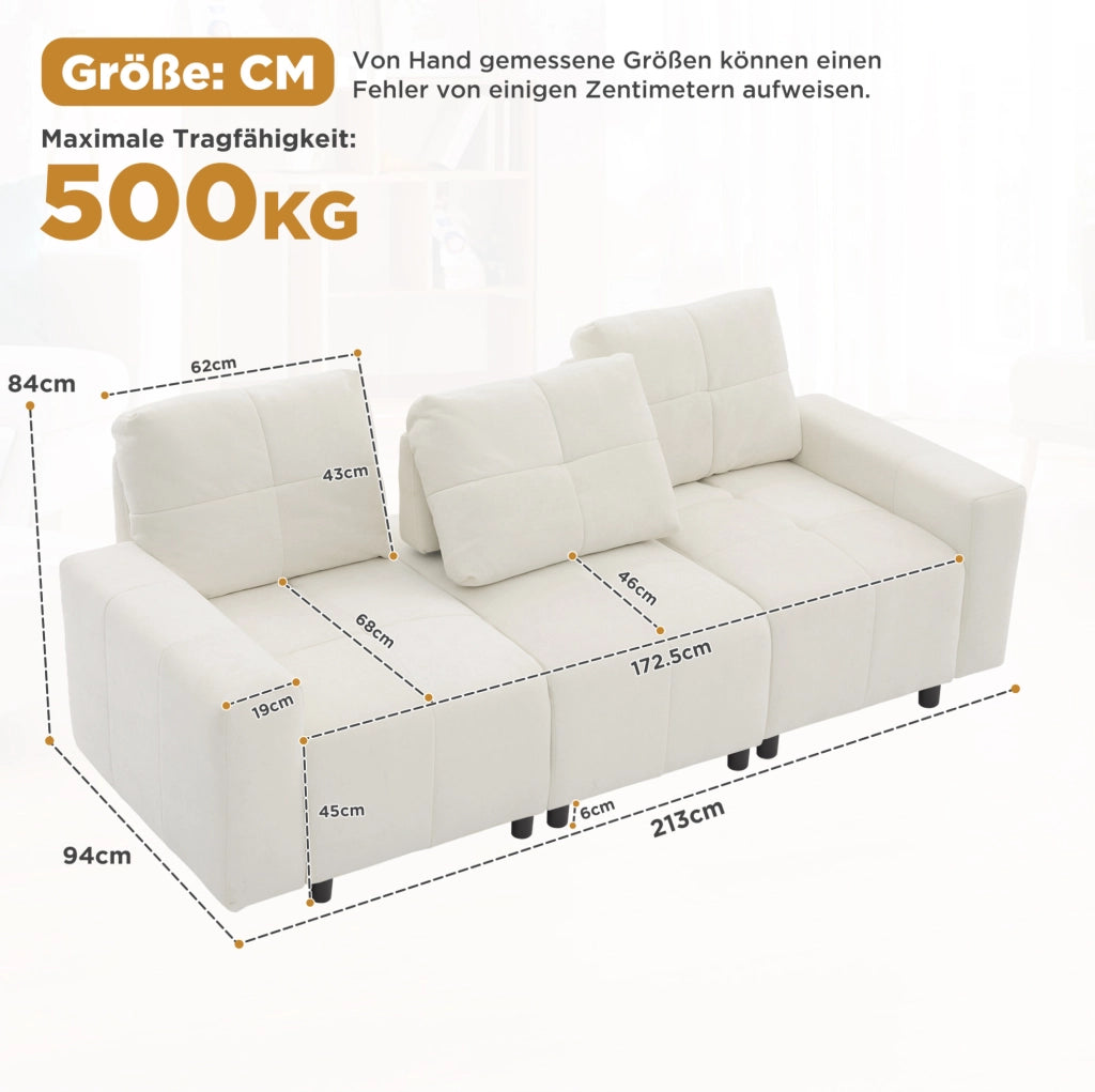 DIVANO 3 posti modulare 3-in-1 213 cm in ciniglia beige bianco