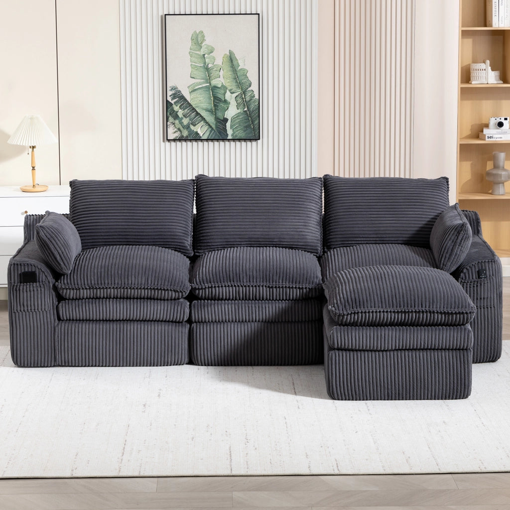 Divano modulare 3 posti con pouf, cuscini e tasche laterali, in tessuto corduroy grigio scuro per soggiorno e ufficio