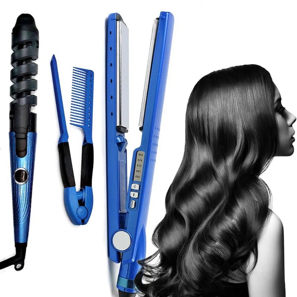Trade Shop - Set Piastra 3in1 Per Capelli In Nano Titanio Ceramica Con Ferro Arricciacapelli Pettine -