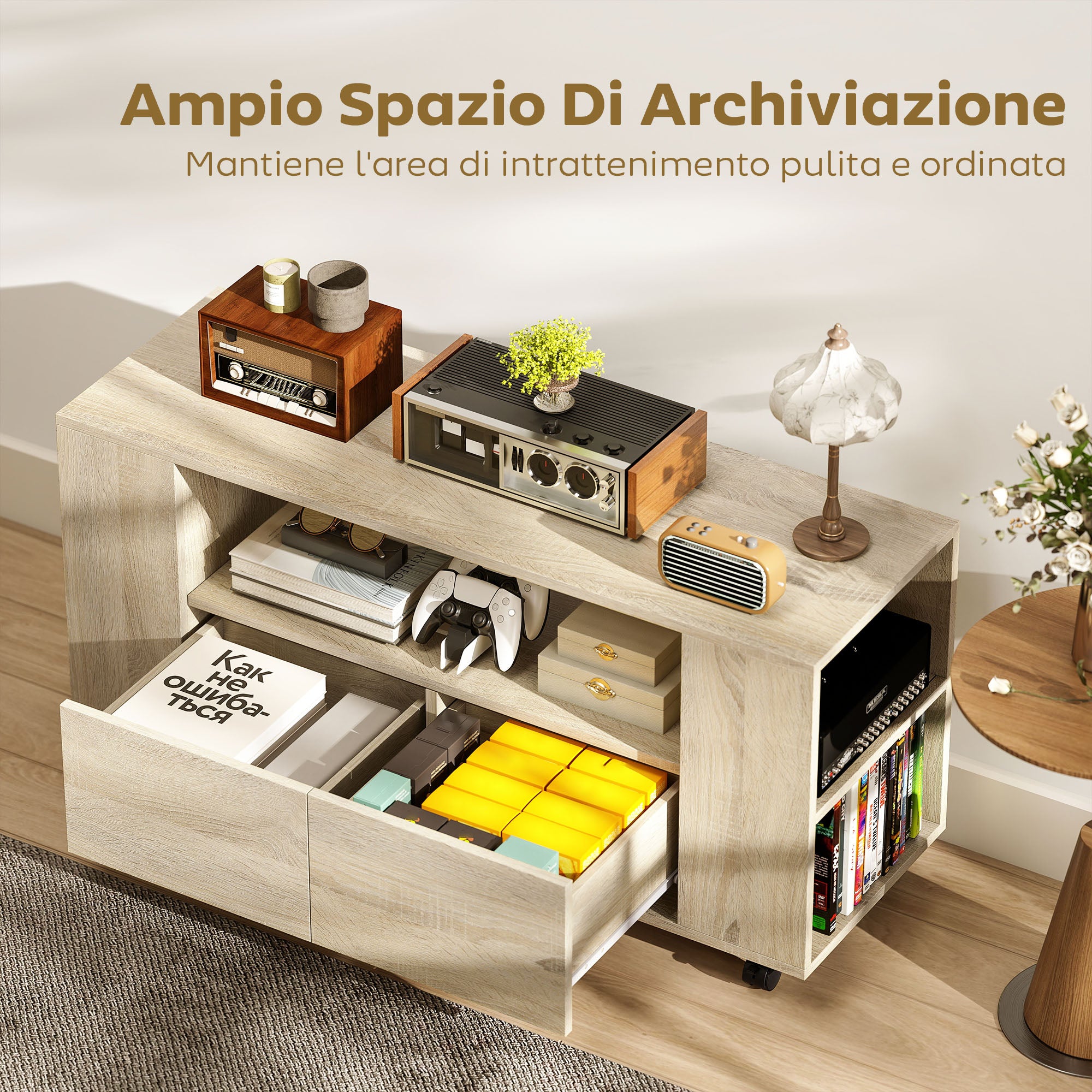 Mobile Porta TV 102x34.5x48.5 cm da 42" con Ruote Ripiani Regolabili e Cassetti Legno