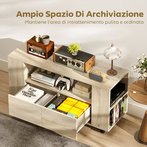 Mobile Porta TV 102x34.5x48.5 cm da 42" con Ruote Ripiani Regolabili e Cassetti Legno