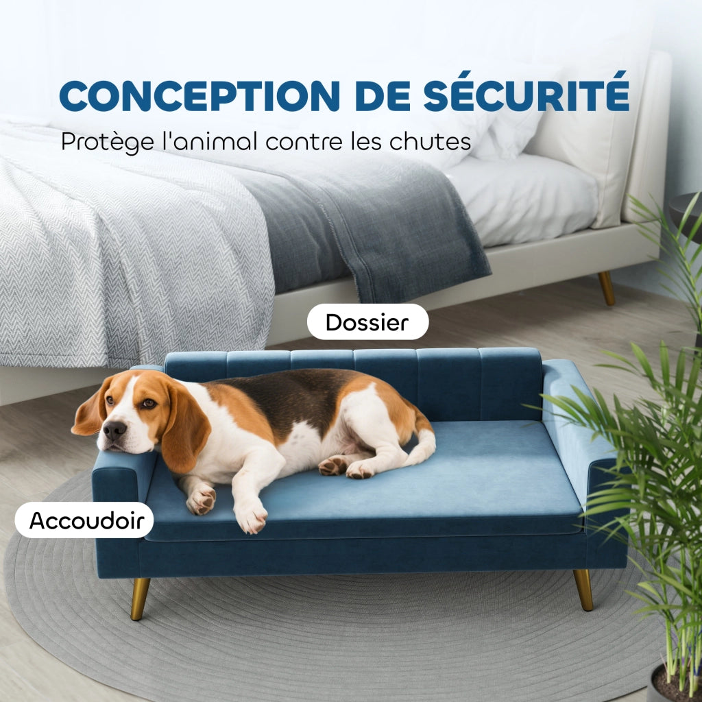 Letto per cani imbottito con cuscino ¨C Zephmum ¨C Blu velluto metallo dorato 94x60x32 cm