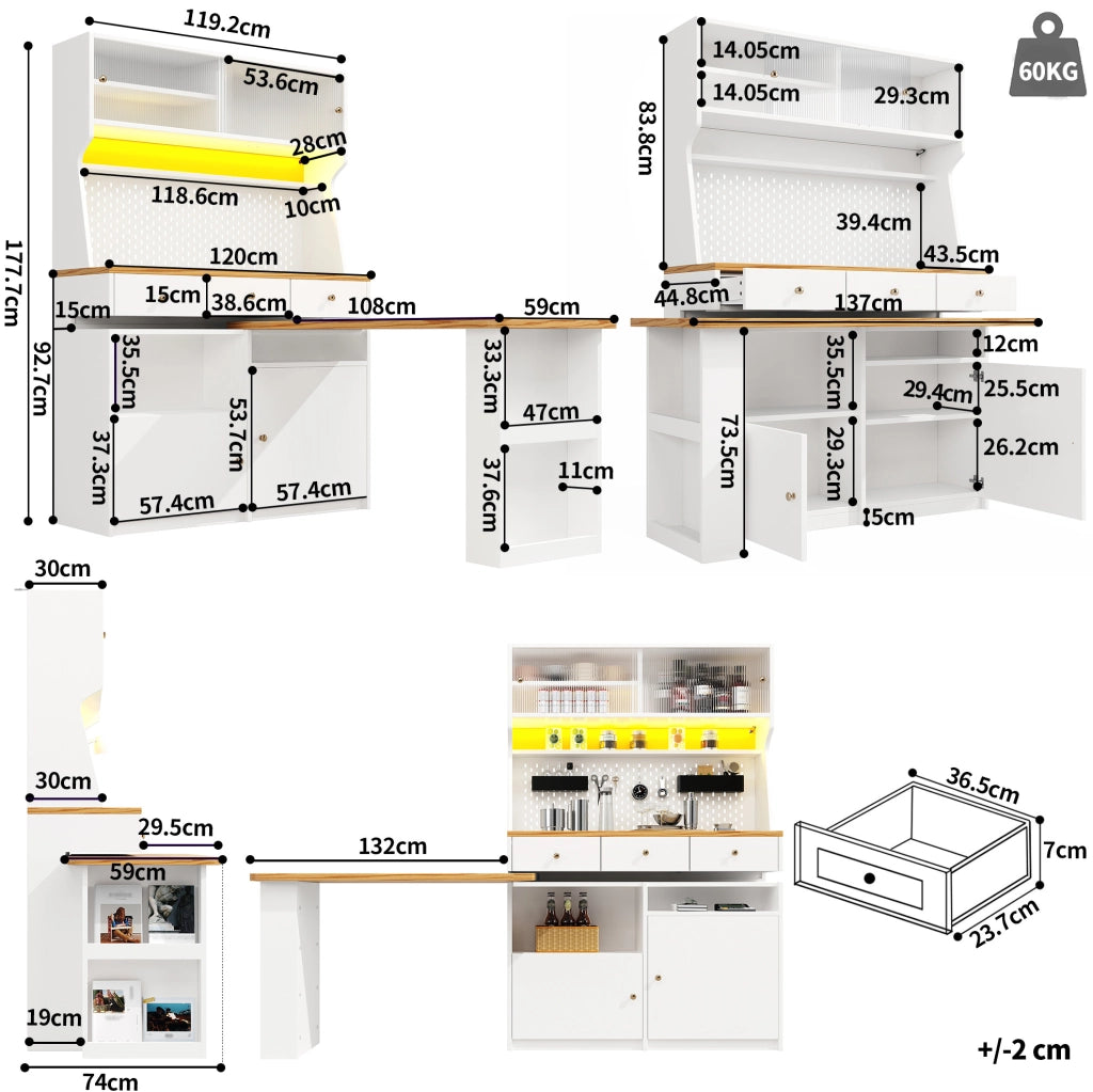 Credenza da cucina con LED e piano estraibile 137x45x178 cm