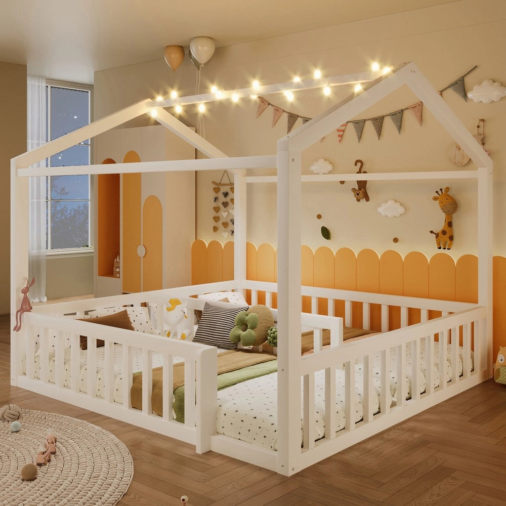 Letto Singolo Bambini a Casetta in Pino con LED e Grate ¨C Xylo ¨C Bianco 90x190