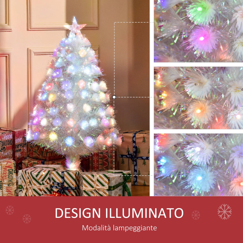Easycomfort Albero di Natale Artificiale 90cm con 90 Luci LED Colorate e Fibre Ottiche, 90 Rami, Base in Metallo Pieghevole, Bianco
