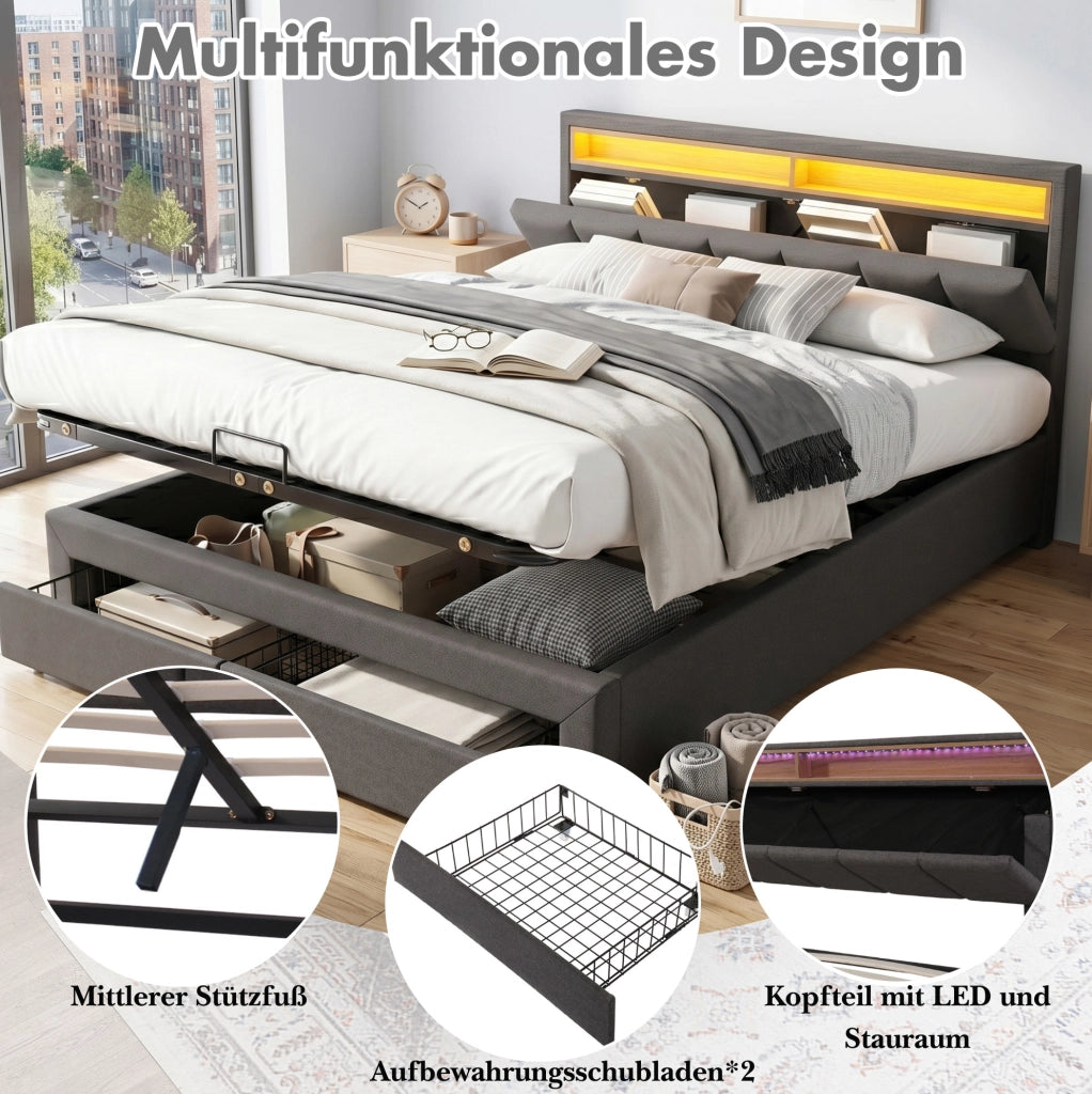 Letto imbottito 180x200 cm con LED e vano contenitore