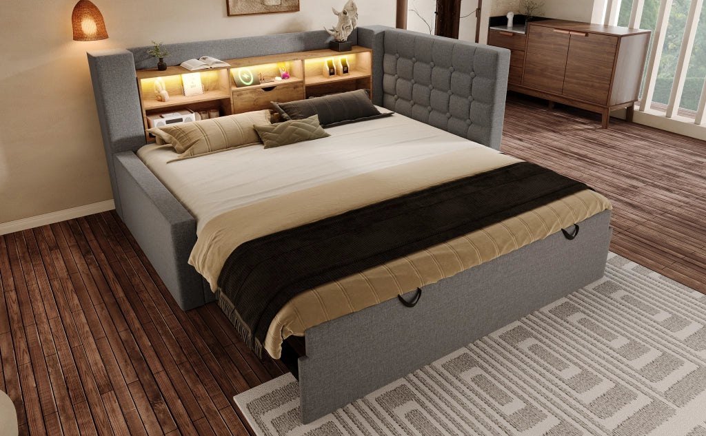 Letto imbottito con letto estraibile 90x200 cm, LED, porte USB, testiera L e vano contenitore, grigio