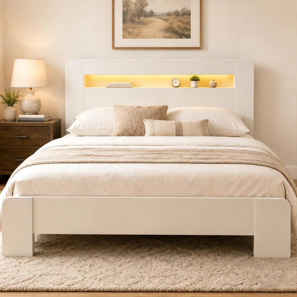 LETTO con testiera contenitore, LED e prese 140x200 cm legno bianco