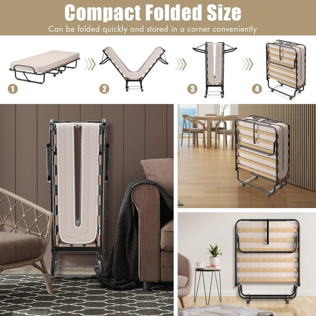 Letto Singolo Pieghevole con 4 Ruote, Portata di 120 kg, Letto Pieghevole con Materasso e 4 Gambe in Mettallo, Fibbia Fissata, 80 x 190 cm, Materasso di 10 cm, Ideale per Viaggio e di Riserva