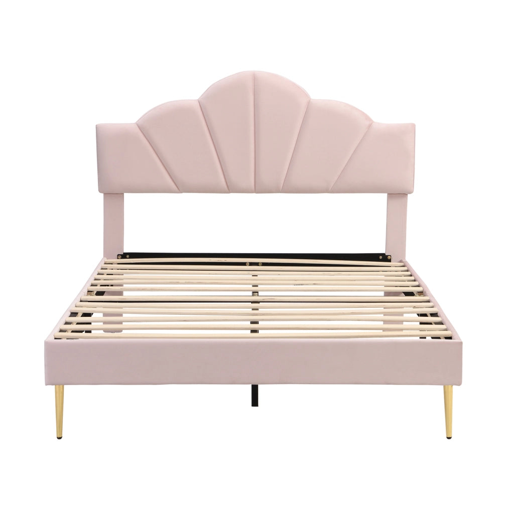 Letto matrimoniale imbottito 140x190 cm in velluto rosa con testiera regolabile e rete a doghe