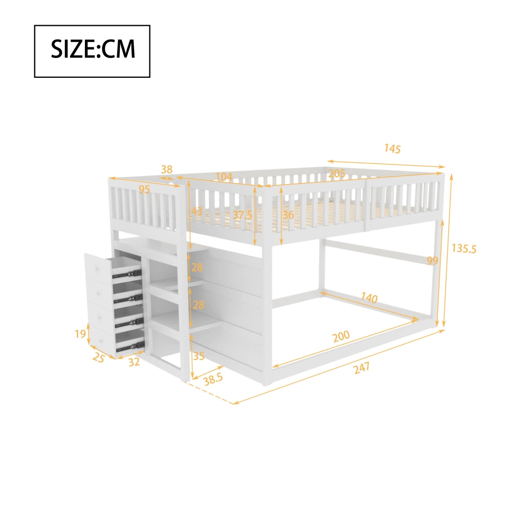 LETTO A CASTELLO BASSO 140x200 cm in legno bianco con 4 cassetti