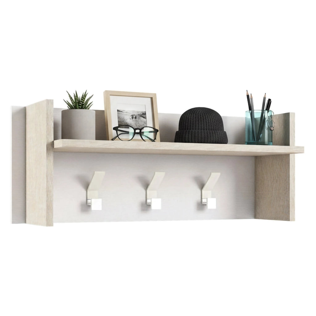 Mobile da ingresso Angry, Mobile appendiabiti con 3 ganci, Mensola portaoggetti da ingresso, Made in Italy, Cm 90x29h34, Bianco e Rovere