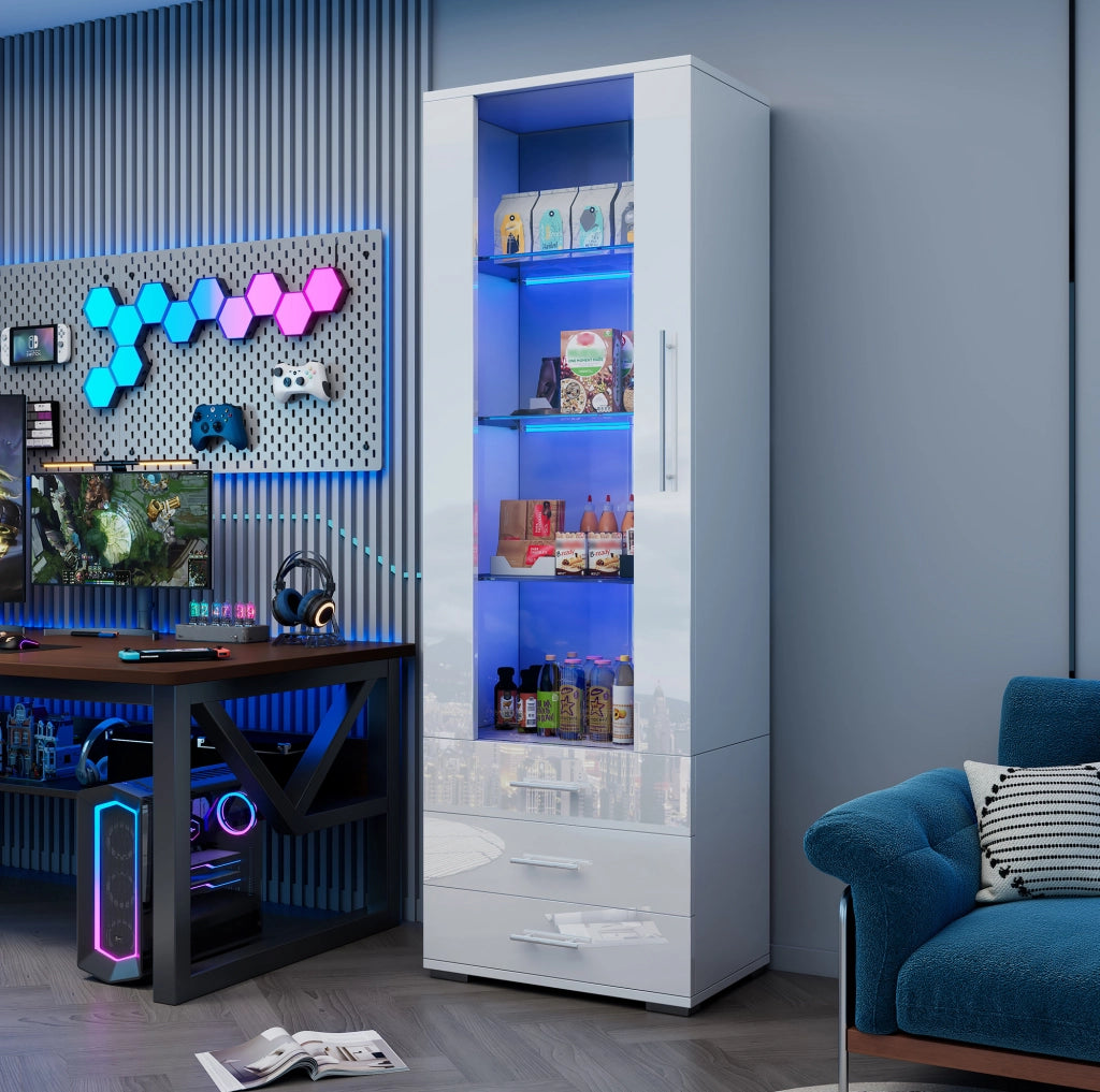 Vetrina 60x35x180 cm in MDF bianco lucido con LED e 3 cassetti