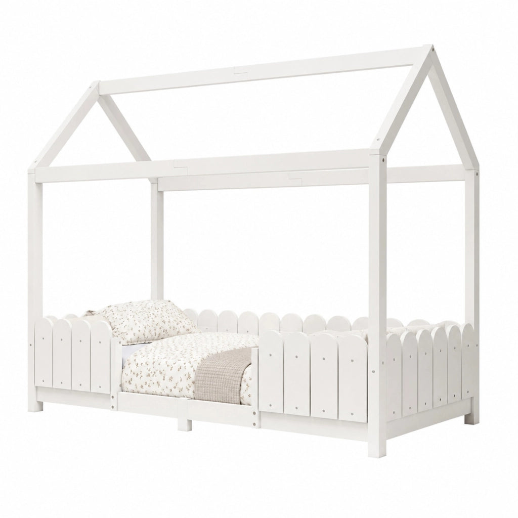 Letto a casetta 90x200 cm in legno per bambini con sponda di sicurezza e rete a doghe, bianco