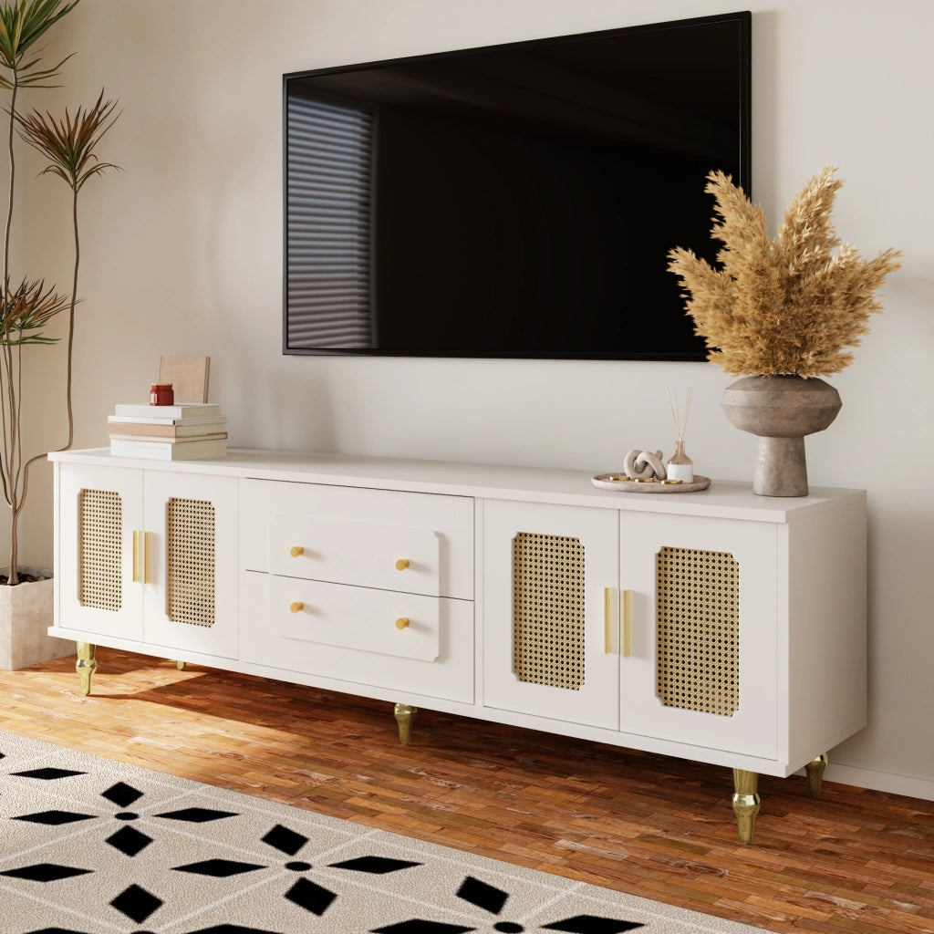 MOBILE TV 175x38x55,5 cm Bianco con ante in PVC rattan e cassetti